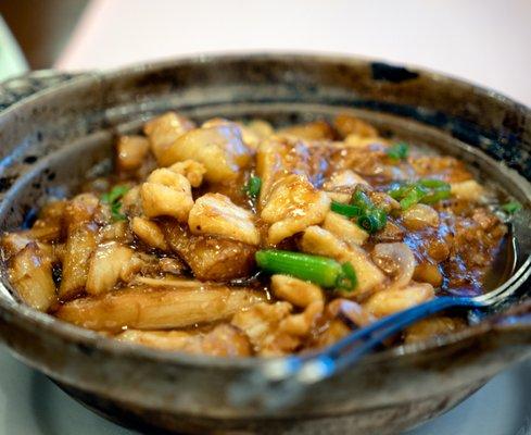 Salted Fish, Diced Chicken & Eggplant Casserole (鹹魚雞粒茄子煲): $18.95.