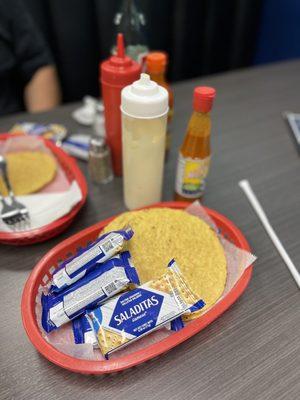 Tostadas and Salted Crackers along with Sauces