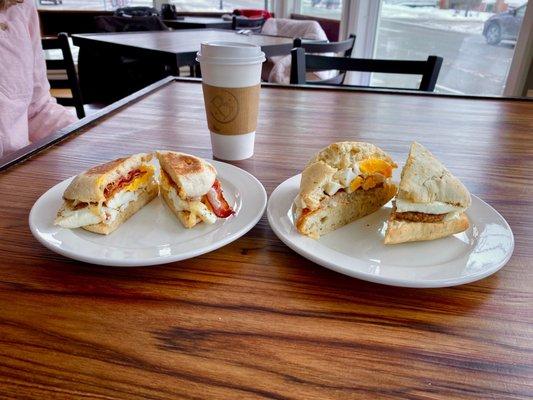 Rosemary focaccia and english muffin breakfast sandwiches