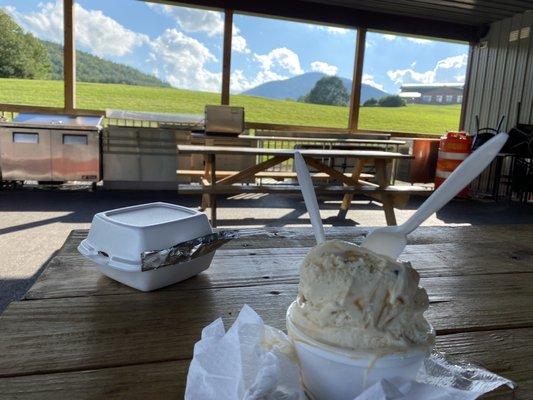 Ice cream and cheese sticks on outdoor patio