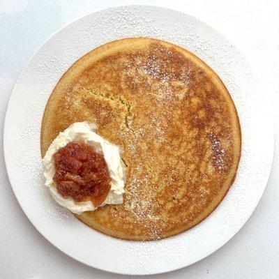 Masa Ricotta Pancake -  Masienda corn pancake, ricotta cream, Sqirl blood orange hibiscus marmalade, powdered sugar