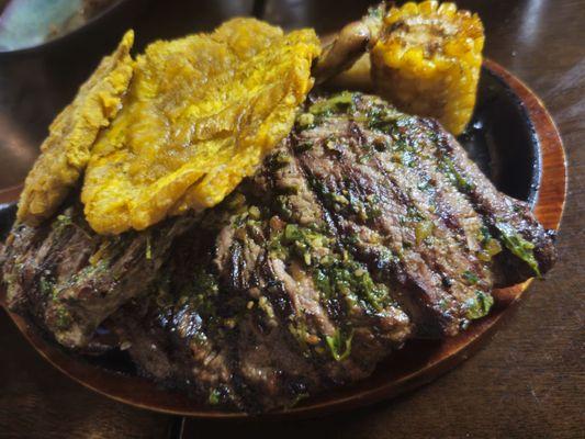 Steak, plantains, corn, chicken special platter for 2.