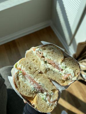 Lox bagel with scallion cream cheese. Bagel was hard and cold