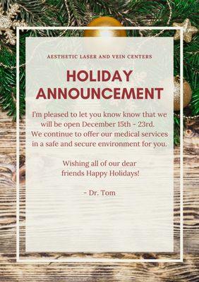 Holiday Announcement: Open December 15-23.