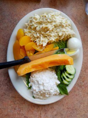 Harbor Room plate - chicken salad, cucumbers, peaches, cantaloupe  and cottage cheese - BIG PORTION