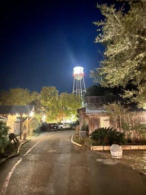 Beautiful view of the Gruene water tower at night from Gruene Mansion Inn