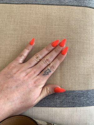 Gel X extensions in outrageously orange