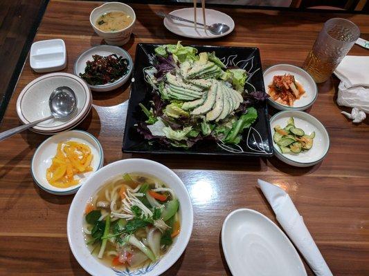 Avocado salad ($7.99), udon (5pc sushi not pictured), side dishes (seaweed+gochujang, pickled radish, squash, kimchi)