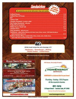 Romano's Saranac Lanes 2017 Menu