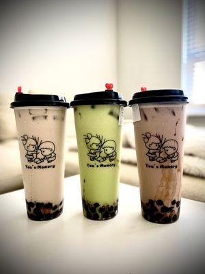 Caramel milk tea, honeydew milk tea and taro milk tea.