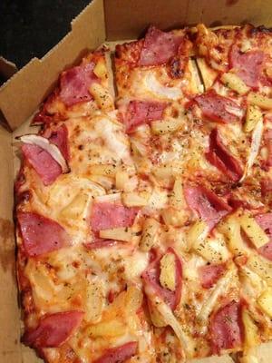 Pineapple, Ham, and Onion crispy thin crust pizza