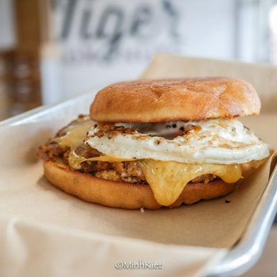 Boudin, egg, and cheese breakfast sandwich