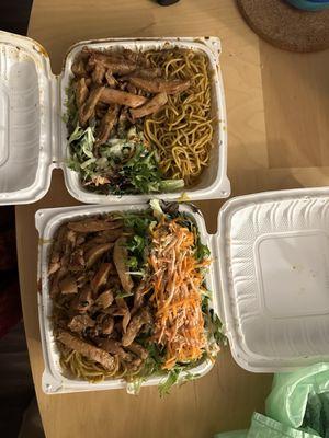 Spicy chicken teriyaki with yakisoba and green salad