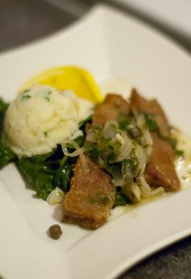 Seitan Piccata with Fork smashed potatoes and Greens