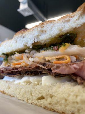 Smoked beef sandwich on our house-made focaccia bread