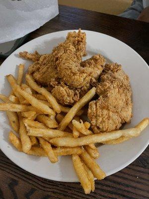 Chicken tender dinner with fries and a salad not pictured.