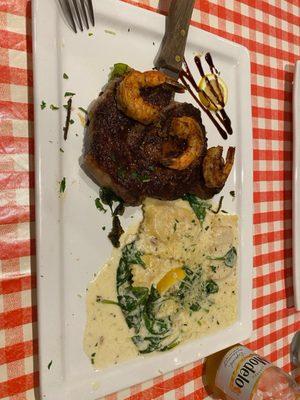 Steak Special with grilled shrimp and ravioli