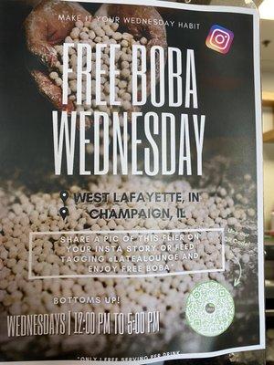 Flier for free boba on Wednesday!