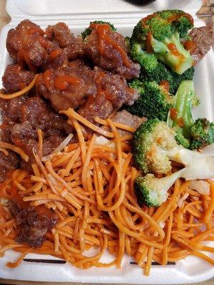 Orange Chicken and Beef and Broccoli with Noodles