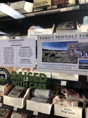 Local grown meats. Grass feed beef, pasture raised pork, meadow raised lamb, and free range chickens.