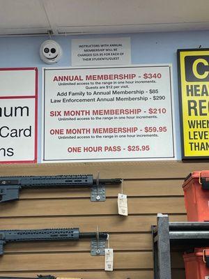 Prices, not including ammo and rentals. Annual membership discount applies to military retirees or active duty.