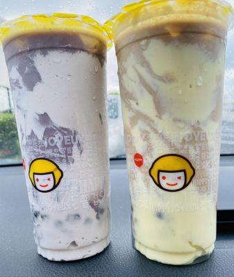 Ube Milk Tea with Taro Puff Cream & Boba and Boba Milk Tea with Puff Cream