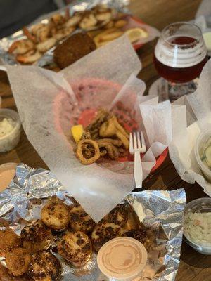 Blackened scallops and calamari