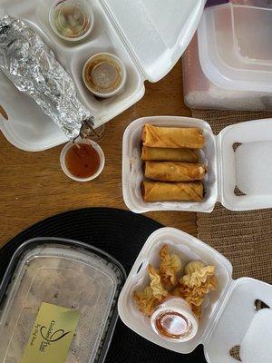 Take out: Chicken Satay, Crispy Thai Spring Roll, Crab Rangoon and Chicken Pad Woon Sen