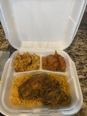 mac & cheese, yams, yellow rice with baked chicken