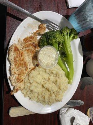 Grilled Chicken Breast with rice (except they got it wrong the first time with mashed potatoes.) and stalks of broccoli