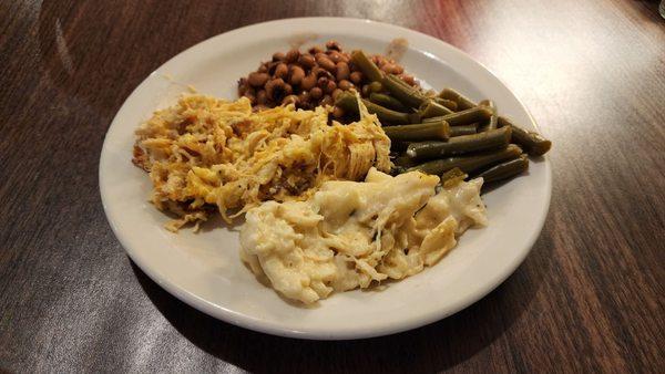 Buffet Plate 2 with green beans, black eyed peas, chicken alfredo and poppyseed chicken