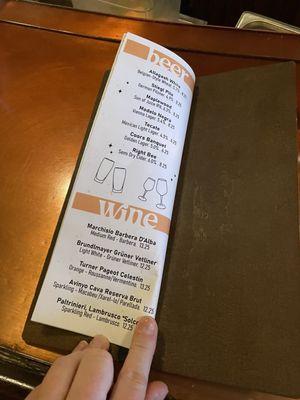 Beer & wine menu