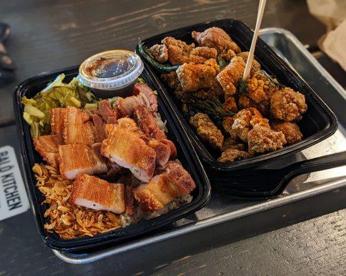 Fried pork belly (left) and small spicy popcorn chicken (right)