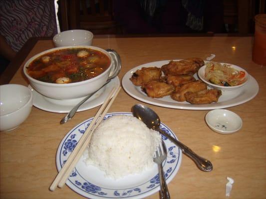 tom yum soup, rice, chicken wing