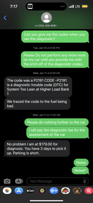 Text messages between dealership and myself