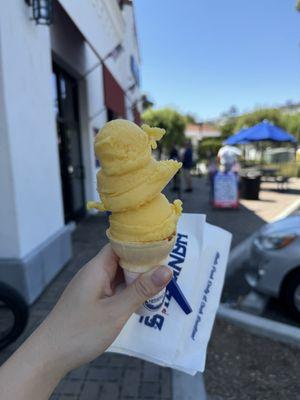 Mango sorbet in cake cone