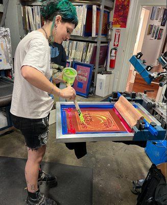 We teach beginner and advanced screen printing techniques! Reach out to see when our next class is scheduled.