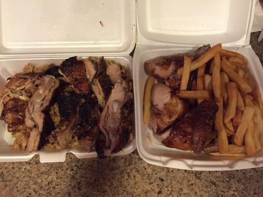 His and her take out ! ( chicken and rib combo pork fried rice & chicken and fries)