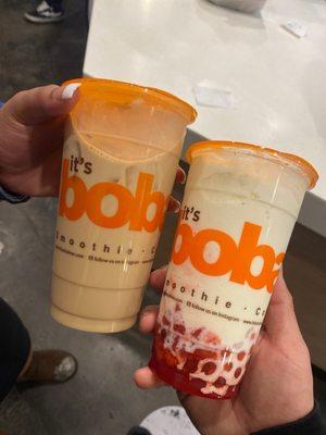 Lavender Milk Tea w/ Lychee Jellies & A Coconut Strawberry Smoothie with Strawberry Boba