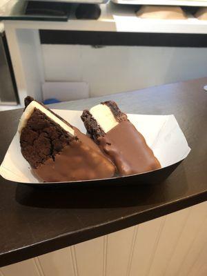 "East Hampton" ice cream cookie sandwich cut in half and dipped in milk chocolate. All the ice cream sandwiches are delicious.