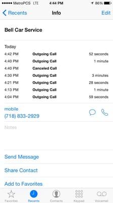 This is my call log of when I first called and how long I had been waiting, having to repeatedly call back trying