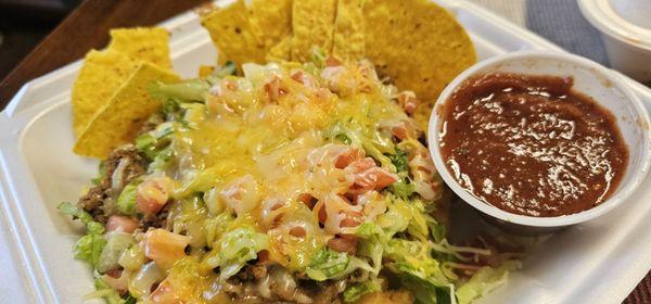 Sequoyah County Indian bread taco with salsa and chips