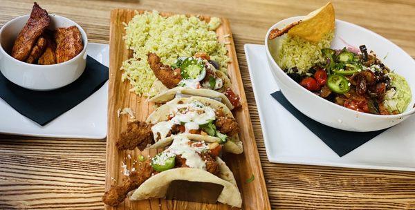 Side of Salmon, Fried Chicken Tacos with side of Cilantro Lime Rice, Local Fresco Bowl