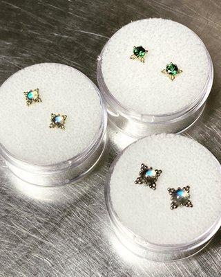 18 k Gold with genuine Labradorite stone or Rainforest green Topaz made here in California by Anatometal.