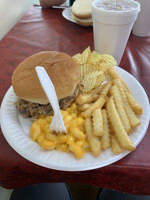 Jumbo Bar - b - que Sandwich Macaroni & Cheese French Fries and chips!