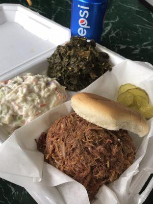 Pulled pork, greens, and coleslaw for the lunch platter.