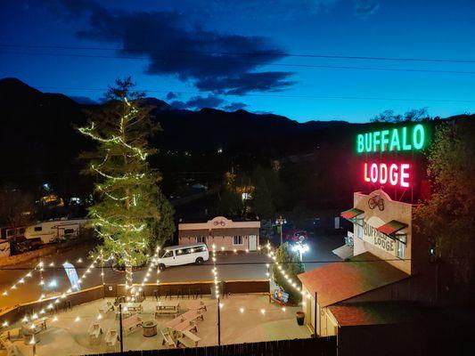 Dusk at The Buffalo Lodge with Party Patio