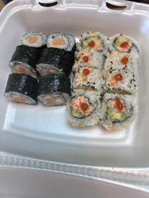 Salmon rolls and spicy California roll