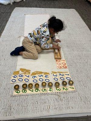 The Golden Bead material allows a child to gain a tactile and muscular sensation of  numbers 1 to 1,000 and introduces the decimal system.