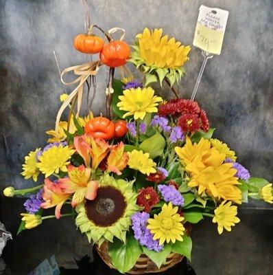 Pumpkin tree, sunflowers, chyrsanthemums